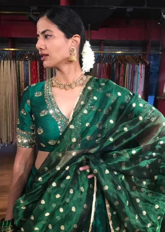 Bottle Green Embroidered Silk Half Saree Set with Tissue Silk Dupatta (Set of 3)