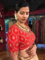 Red Hand Embroidered Raw Silk Blouse - Image 2