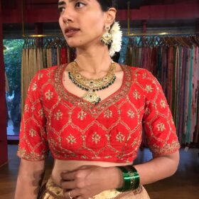 Red Hand Embroidered Raw Silk Blouse