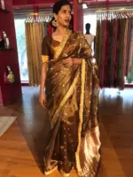 Coffee Brown Tissue Silk Saree with Zari Buttis and Gota Detailing - Image 2