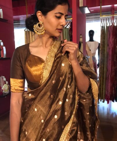 Coffee Brown Tissue Silk Saree with Zari Buttis and Gota Detailing