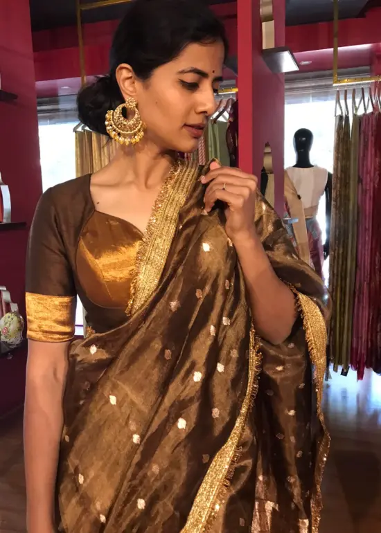 Coffee Brown Tissue Silk Saree with Zari Buttis and Gota Detailing