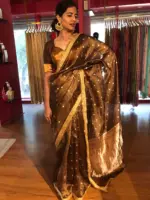 Coffee Brown Tissue Silk Saree with Zari Buttis and Gota Detailing - Image 4