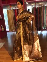 Coffee Brown Tissue Silk Saree with Zari Buttis and Gota Detailing - Image 5