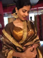 Coffee Brown Tissue Silk Saree with Zari Buttis and Gota Detailing - Image 7