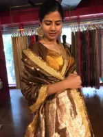 Coffee Brown Tissue Silk Saree with Zari Buttis and Gota Detailing - Image 6