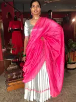 Silver Banarasi Silk Half Saree Set with Scallop Dupatta (Set of 3) - Image 2