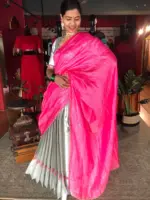 Silver Banarasi Silk Half Saree Set with Scallop Dupatta (Set of 3) - Image 3