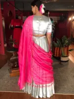 Silver Banarasi Silk Half Saree Set with Scallop Dupatta (Set of 3) - Image 4