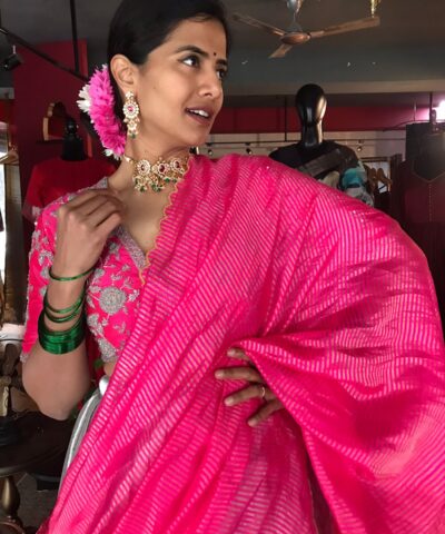 Pink Embroidered Silk Half Saree Set with Scallop Dupatta (Set of 3)