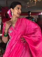 Pink Embroidered Silk Half Saree Set with Scallop Dupatta (Set of 3) - Image 7