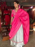 Pink Embroidered Silk Half Saree Set with Scallop Dupatta (Set of 3) - Image 5