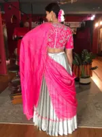 Pink Embroidered Silk Half Saree Set with Scallop Dupatta (Set of 3) - Image 6