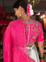 Pink Embroidered Silk Half Saree Set with Scallop Dupatta (Set of 3) - Image 3