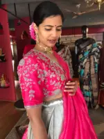 Pink Embroidered Silk Half Saree Set with Scallop Dupatta (Set of 3) - Image 4