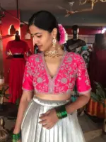 Pink Embroidered Silk Lehenga (Set of 2)
