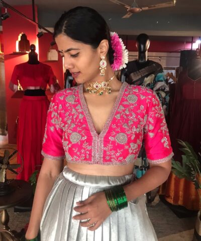 Pink Embroidered Silk Lehenga (Set of 2)