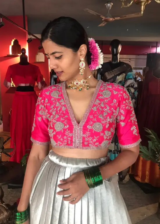 Pink Embroidered Silk Lehenga (Set of 2)