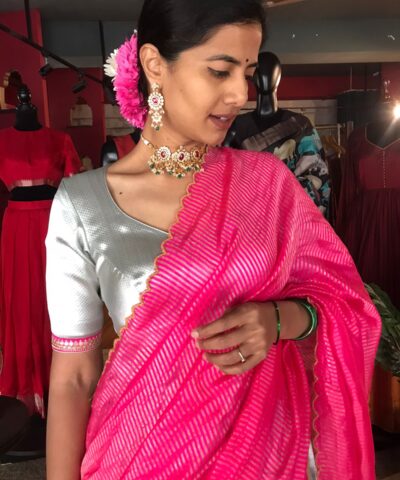 Silver Banarasi Silk Half Saree Set with Scallop Dupatta (Set of 3)