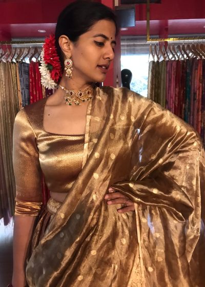 Molten Gold Silk Half Saree with Tissue Silk Dupatta (Set of 3)