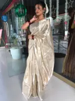 Silver White Brocade Tissue Silk Saree with Gold Silver Zari Weaves - Image 2