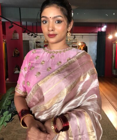 Onion Pink Tissue Silk Saree with Traditional Gold Border