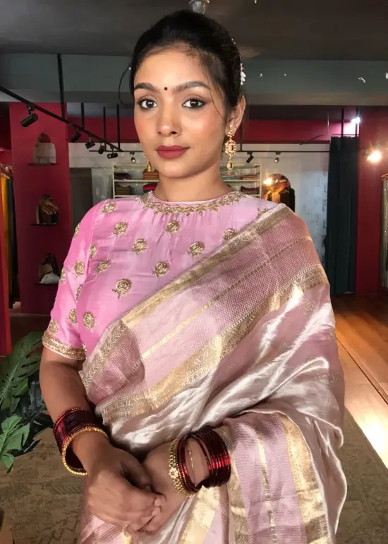 Onion Pink Tissue Silk Saree with Traditional Gold Border