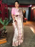 Onion Pink Tissue Silk Saree with Traditional Gold Border - Image 6