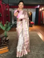 Onion Pink Tissue Silk Saree with Traditional Gold Border - Image 2
