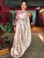 Onion Pink Tissue Silk Saree with Traditional Gold Border - Image 5
