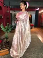 Onion Pink Tissue Silk Saree with Traditional Gold Border - Image 4
