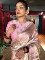 Onion Pink Tissue Silk Saree with Traditional Gold Border - Image 9
