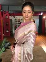 Onion Pink Tissue Silk Saree with Traditional Gold Border - Image 8