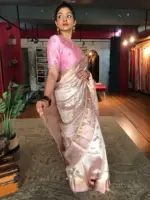 Onion Pink Tissue Silk Saree with Traditional Gold Border - Image 3