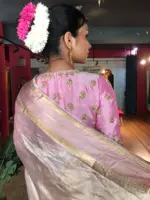 Onion Pink Tissue Silk Saree with Traditional Gold Border - Image 7