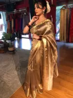 Black Tissue Silk Saree with Gold Zari Border - Image 3