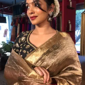 Black Tissue Silk Saree with Gold Zari Border