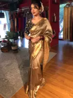 Black Tissue Silk Saree with Gold Zari Border - Image 4