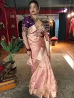 Light Pink Handwoven Tissue Silk Saree with Kadhwa Zari Motifs - Image 4