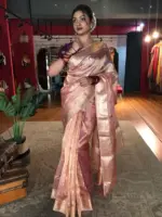 Light Pink Handwoven Tissue Silk Saree with Kadhwa Zari Motifs - Image 3