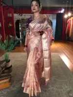 Light Pink Handwoven Tissue Silk Saree with Kadhwa Zari Motifs - Image 2