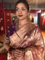 Peachy Pink Handwoven Tissue Silk Saree with Kadhwa Zari Motifs