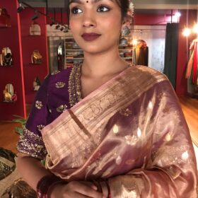 Peachy Pink Handwoven Tissue Silk Saree with Kadhwa Zari Motifs