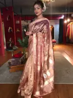 Peachy Pink Handwoven Tissue Silk Saree with Kadhwa Zari Motifs - Image 6