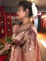 Peachy Pink Handwoven Tissue Silk Saree with Kadhwa Zari Motifs - Image 4