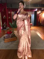 Peachy Pink Handwoven Tissue Silk Saree with Kadhwa Zari Motifs - Image 5