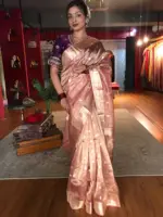 Peachy Pink Handwoven Tissue Silk Saree with Kadhwa Zari Motifs - Image 3