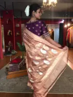 Peachy Pink Handwoven Tissue Silk Saree with Kadhwa Zari Motifs - Image 8