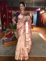 Peachy Pink Handwoven Tissue Silk Saree with Kadhwa Zari Motifs - Image 2