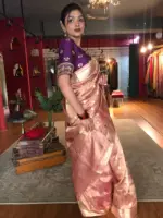 Peachy Pink Handwoven Tissue Silk Saree with Kadhwa Zari Motifs - Image 7